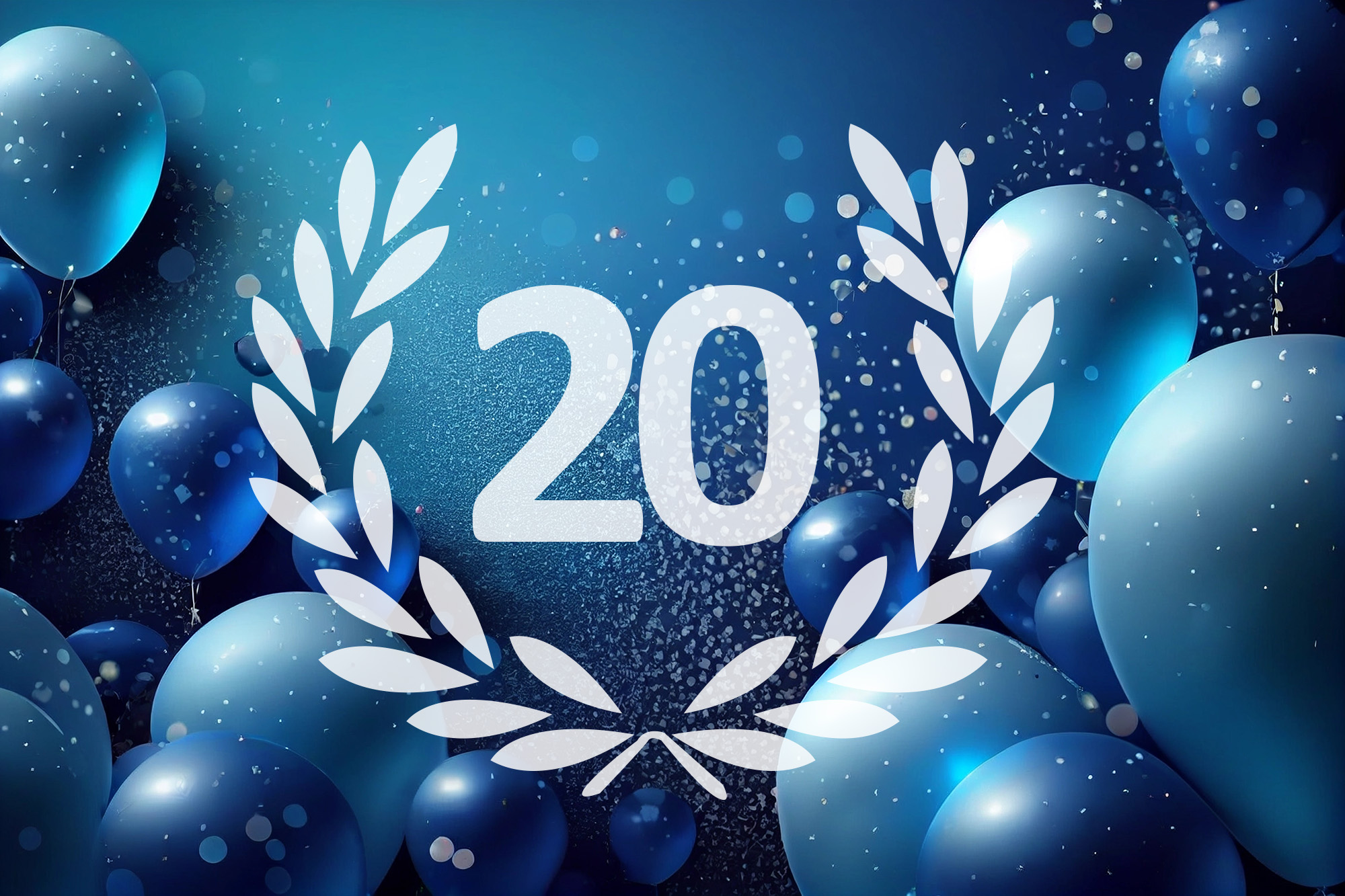An anniversary graphic with the number 20. This is surrounded by a laurel wreath and blue balloons, all in a sparkling blue atmosphere.